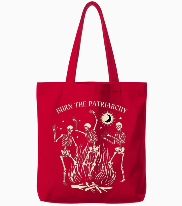 Burn the Patriarchate Funny Feminist Halloween Tote Bags in Red