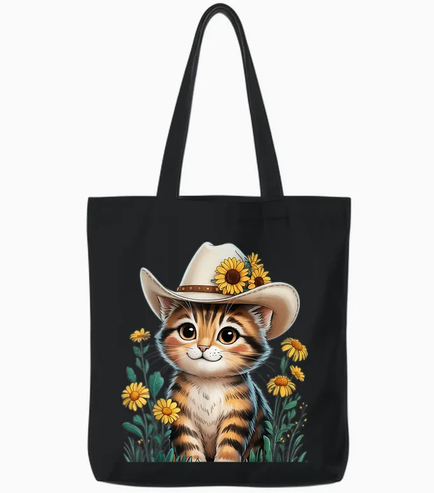 Adorable Cartoon Cat in Cowboy Hat with Rustic Sunflowers Tote Bags in Black