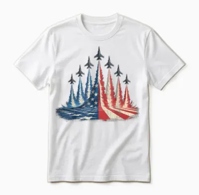 Fighter Jet American Flag 4th of July Unisex T-Shirt - White