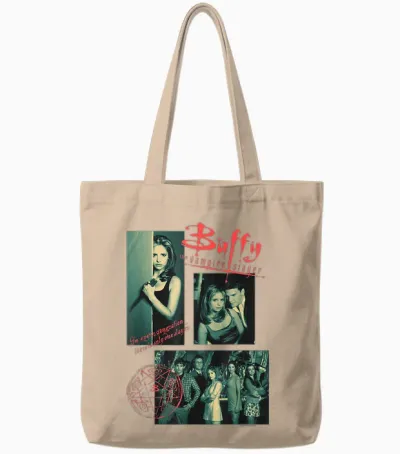Buffy the Vampire Slayer Sunnydale High Vintage Collage T-Shirt, Black, S Tote Bags - Natural