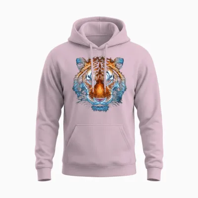 Tiger Animal Graphic Artwork Tiger T-Shirt, Black Unisex Hoodie - Light Pink
