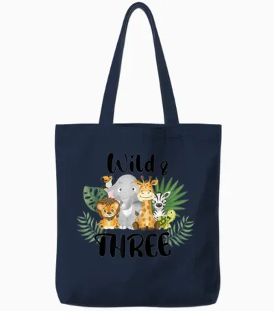 Kinder Wild & Three 3. Geburtstag Junge Lustiges Wildtier Kleinkind Tote Bags - Navy