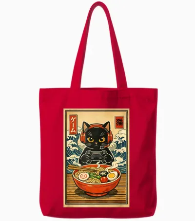 Kawaii Gamer Cat Funny Ramen Retro Cute Japanese Cat Gaming Tote Bags - Red