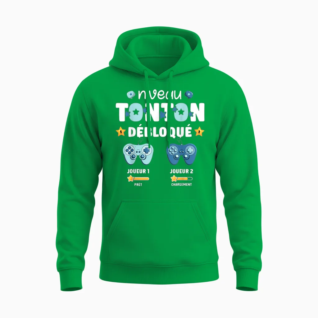 Unlocked Tonton Level Announcement Pregnancy Tonton Geek T-Shirt, Black, S Unisex Hoodie in Irish Green
