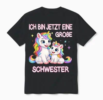 Kinder Mädchen Große Schwester Einhorn Motiv Süßes Regenbogen Unisex T-Shirt - Black