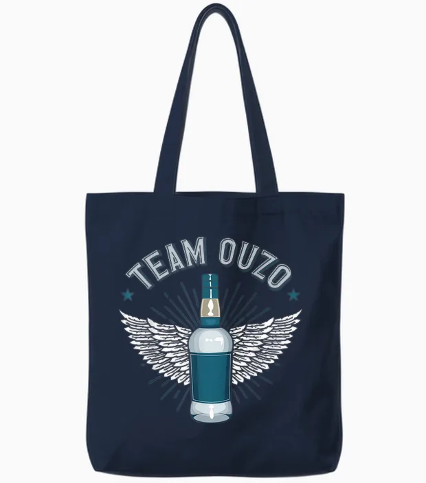 Ouzo Greece Schnapps Team Ouzo T-Shirt, Black Tote Bags in Navy