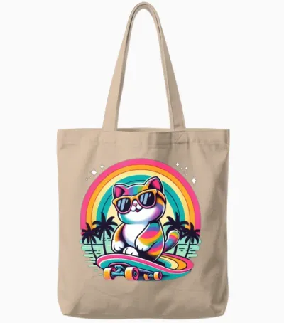 Retro Skateboard Cat Tote Bags - Natural