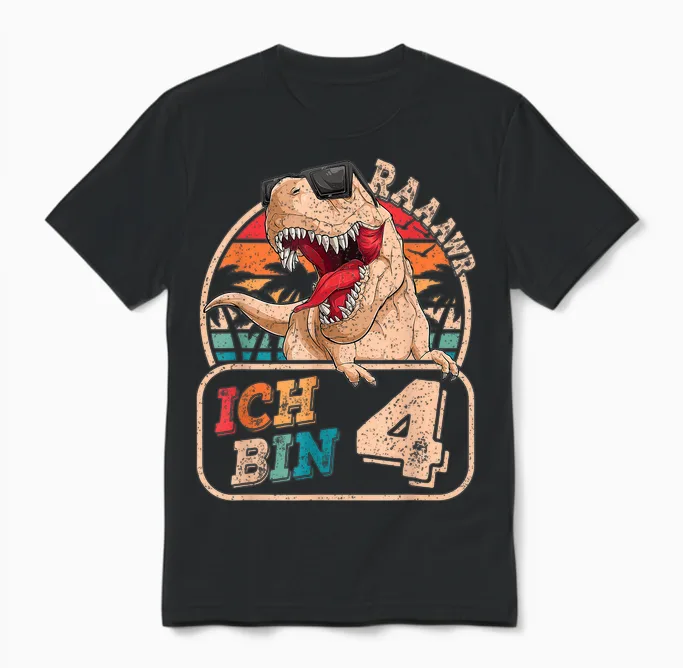 Ich Bin 4 Dinosaur 4 Years Dino 4th Birthday Boy Party T-Shirt, Black Unisex T-Shirt in Black