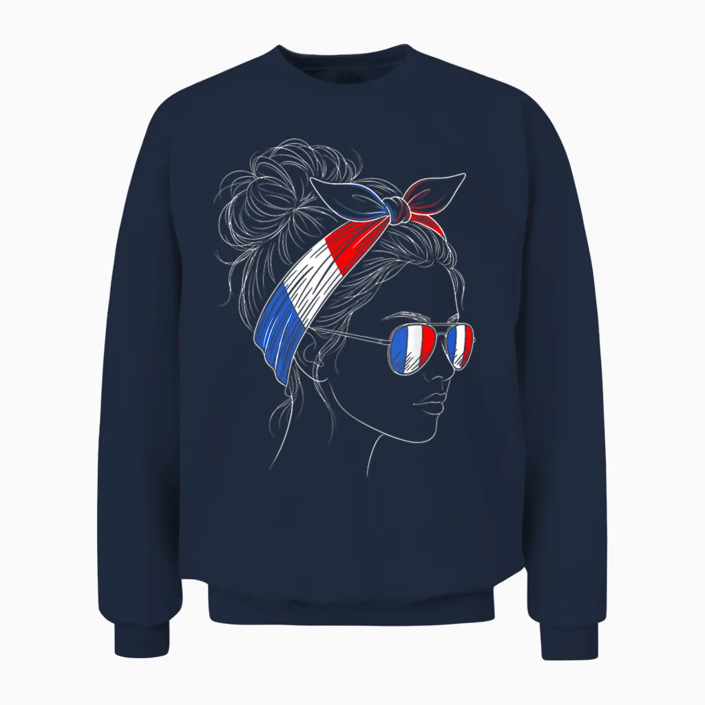 France Femme Profil Chignon Lunettes Bandeau Unisex Sweatshirt in Navy