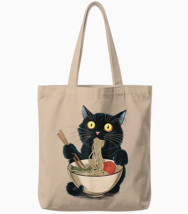 Funny Japanese Cat Eating Ramen Vintage Japanese Noodles Tote Bags in Natural