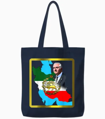 Iran's Flag with Golden Lion and Sun with King Pahlavi T-Shirt, Black Tote Bags - Navy