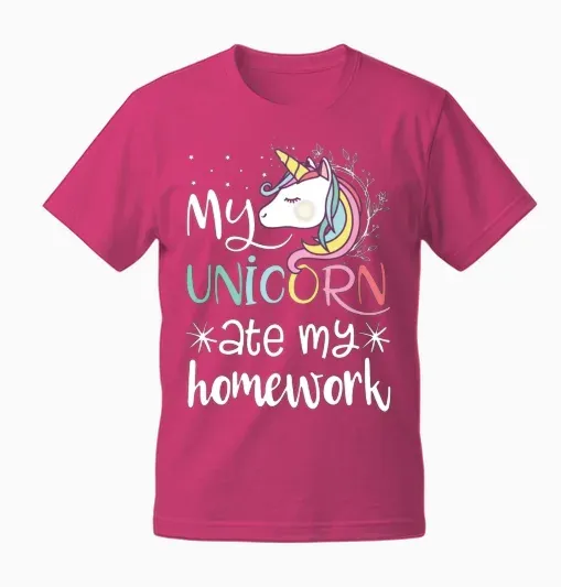 My Unicorn Ate My Homework Unisex T-Shirt in Heliconia