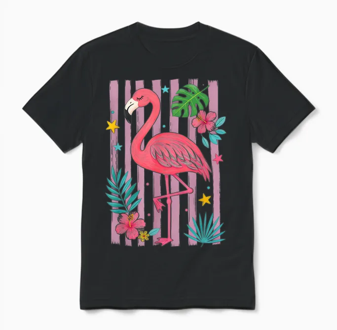 Motif Flamant Rose Tropical été Floral Rayé Plage Unisex T-Shirt in Black