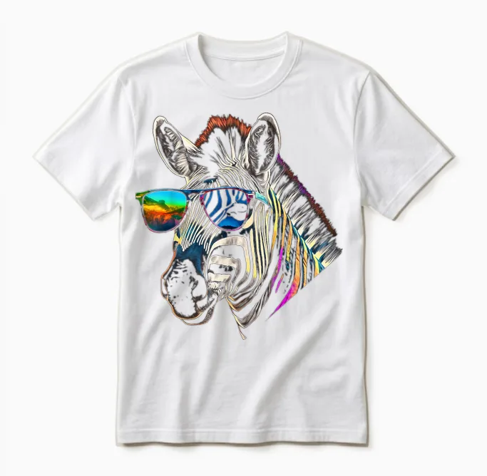 Zebra Sunglasses Artwork | Animal Colourful Zebra T-Shirt, Black Unisex T-Shirt in White