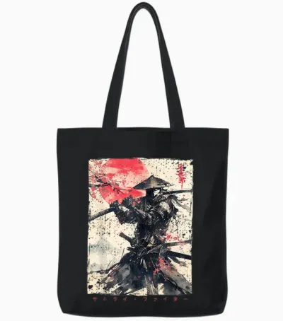 Japanese Samurai Warrior Ukiyo Ink Artwork Samurai Tote Bags - Black