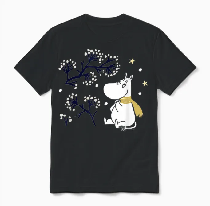 Moomin Moomintroll Winter Watching the Snow T-Shirt, Blue Unisex T-Shirt in Black