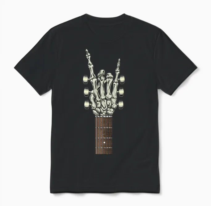Rock on Skeleton Hand Guitar Gifts Men Graphic Tee Rock Band Unisex T-Shirt in Black