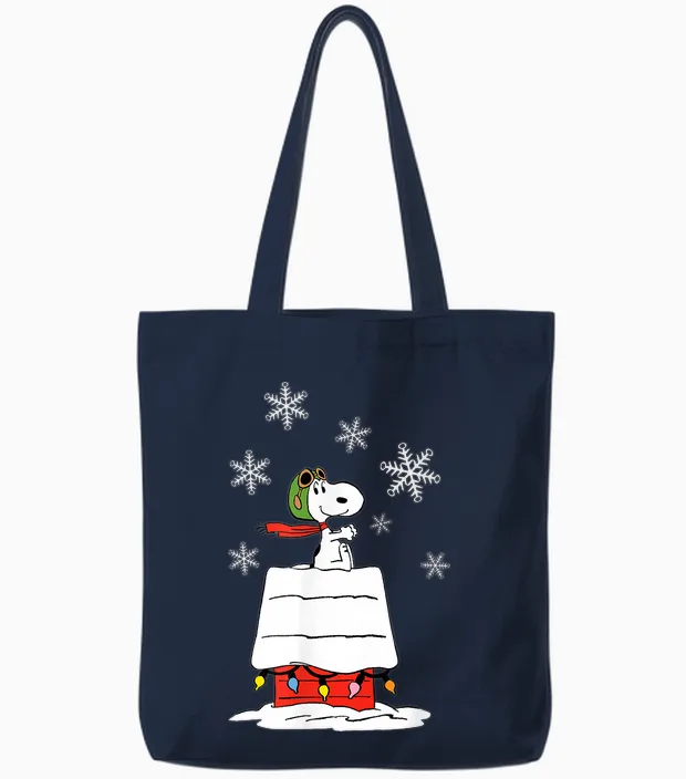 Peanuts Snoopy Flying Ace Holiday Dog House Tote Bags in Navy