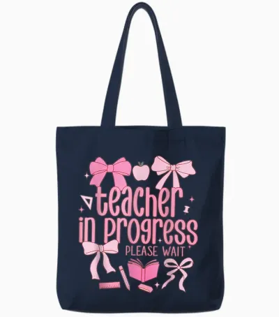 Women Teacher in Progress Coquette Pink Bow Future Teacher Tote Bags - Navy