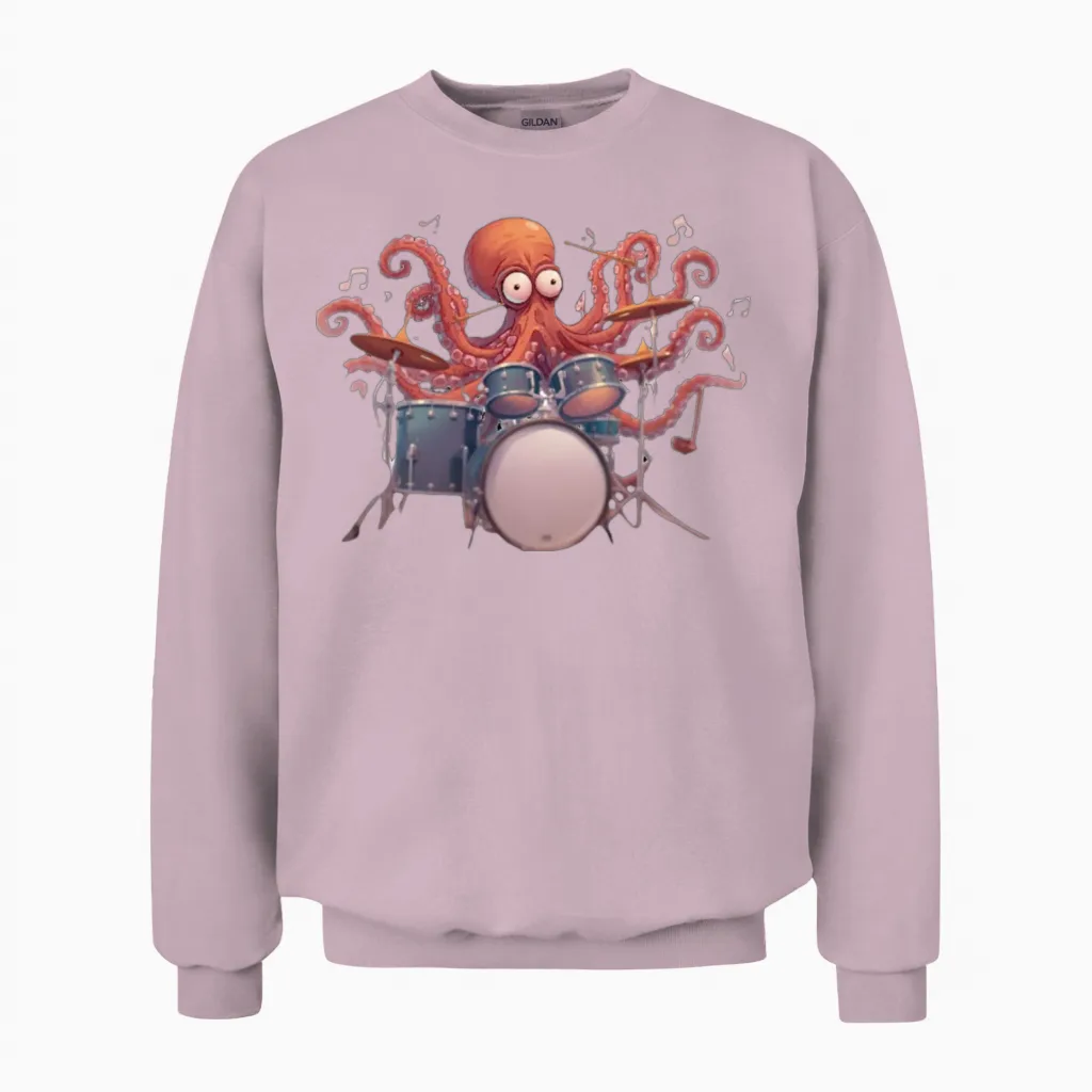 Octopus Playing Drums Unisex Sweatshirt in Light Pink