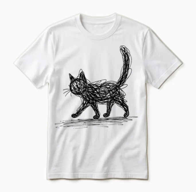 Minimalist Cat, Hand Drawn Kitten Unisex T-Shirt in White
