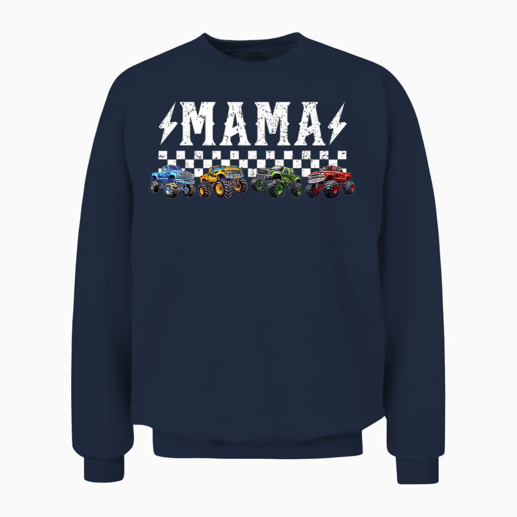 Mama Retro Monster Truck Family Crew Birthday Matching Unisex Sweatshirt in Navy
