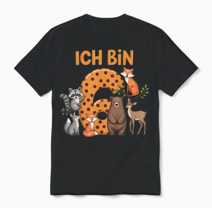 Kinder 6. Geburtstag Waldtiere Wald Tiere Reh Bär Geburtstags Unisex T-Shirt in Black