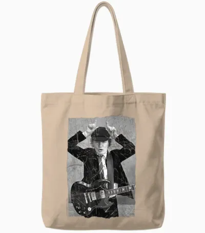 Ac/dc Rock Music Band Angus Young Distressed Photo T-Shirt, Black Tote Bags - Natural