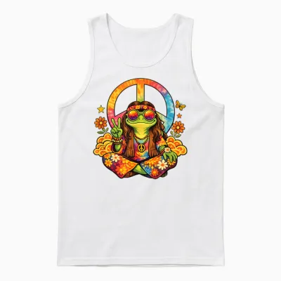 Colourful Hippie Frog with Peace Sign Flower Power Unisex Tank Top - White