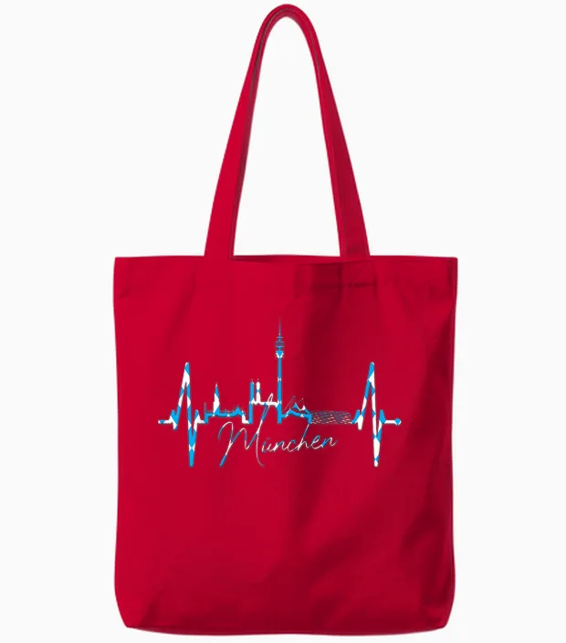 T-Shirt with German Text "münchen I Love Munich" Skyline Heartbeat, Black Tote Bags in Red