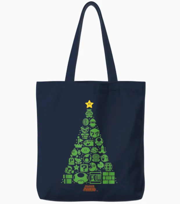 Super Mario Item Characters Christmas Tree Graphic Short Sleeve T-Shirt Black Tote Bags in Navy