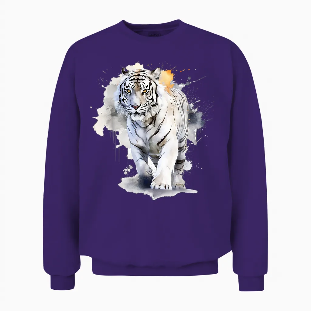 White Tiger Lover Artwork | Animal Motif Tiger T-Shirt, White Unisex Sweatshirt in Purple