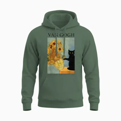 Van Gogh Black Cat with Sunflowers Funny Cat Unisex Hoodie - Military Green