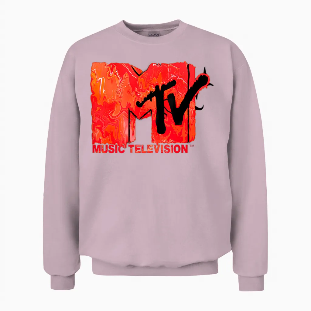 The Official Mtv Logo in Red Liquid Lava Flow Style Unisex Sweatshirt in Light Pink