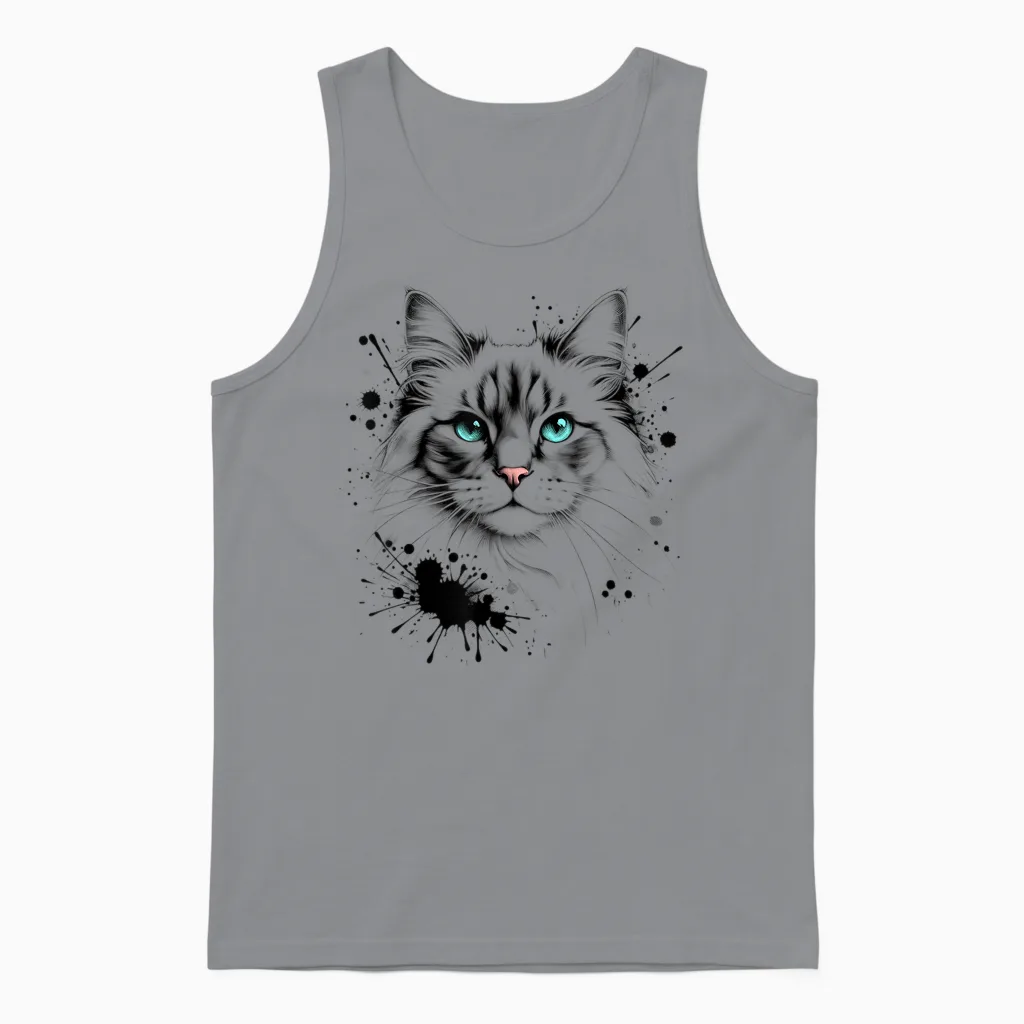 Artistic Cat with Turquoise Eyes and Paint Splash Unisex Tank Top in Sport Grey