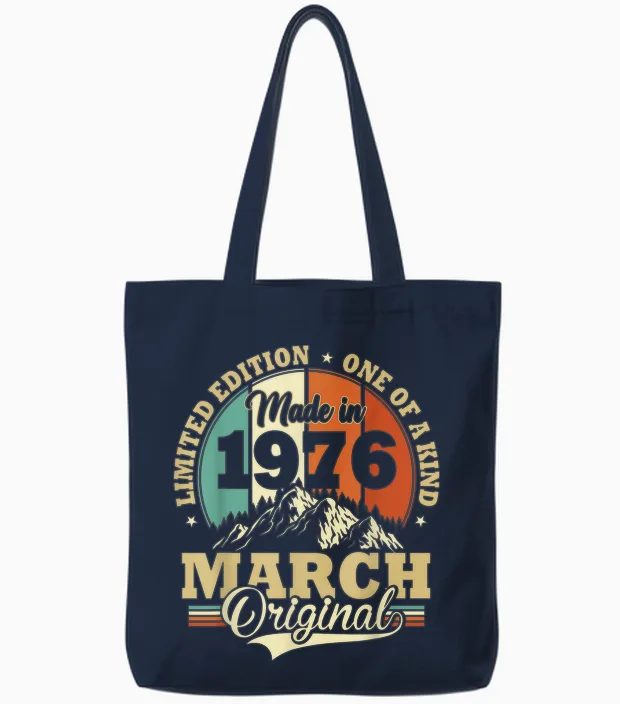 Vintage March 1976 Humor Gift Birthday 50 Years Tote Bags in Navy