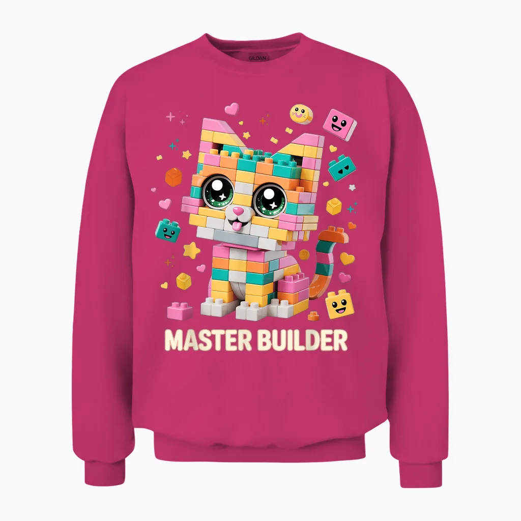 Cat Brick Building Blocks Master Builder Cat Lover Kitten Unisex Sweatshirt in Heliconia