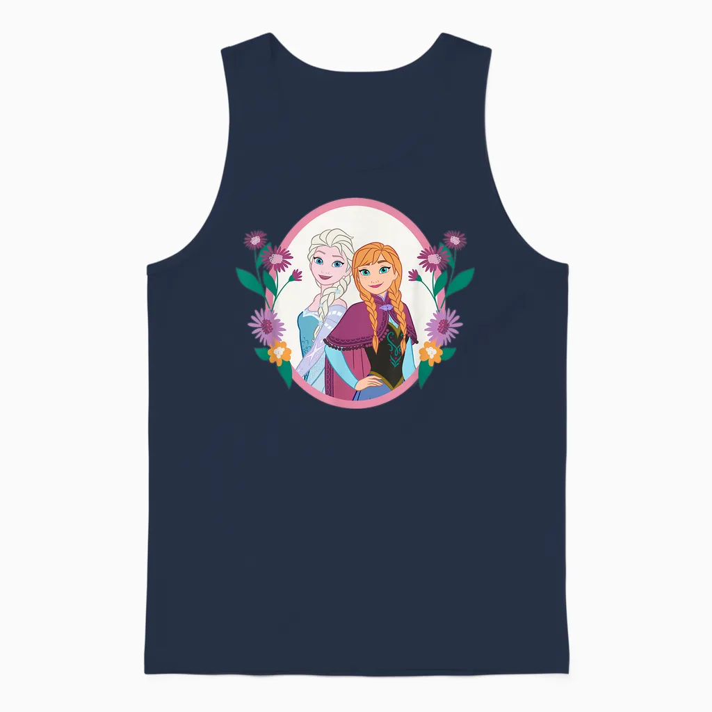 Disney Princess Frozen Elsa and Anna Easter Spring Flowers Unisex Tank Top in Navy