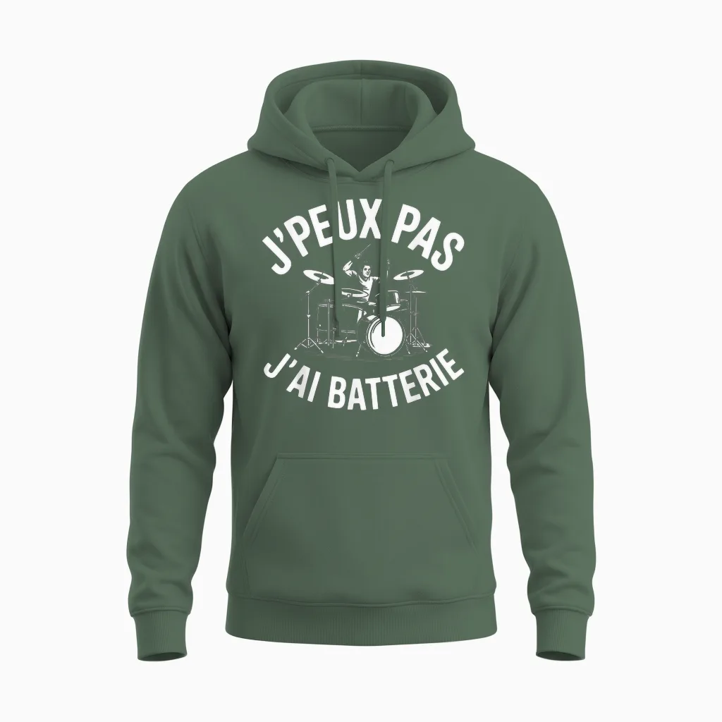 J'peux Pas J'ai Batterie Humour Gift Funny Battery Unisex Hoodie in Military Green