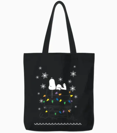 Peanuts Holiday Snoopy Dog House Lights Short Sleeve Tote Bags - Black