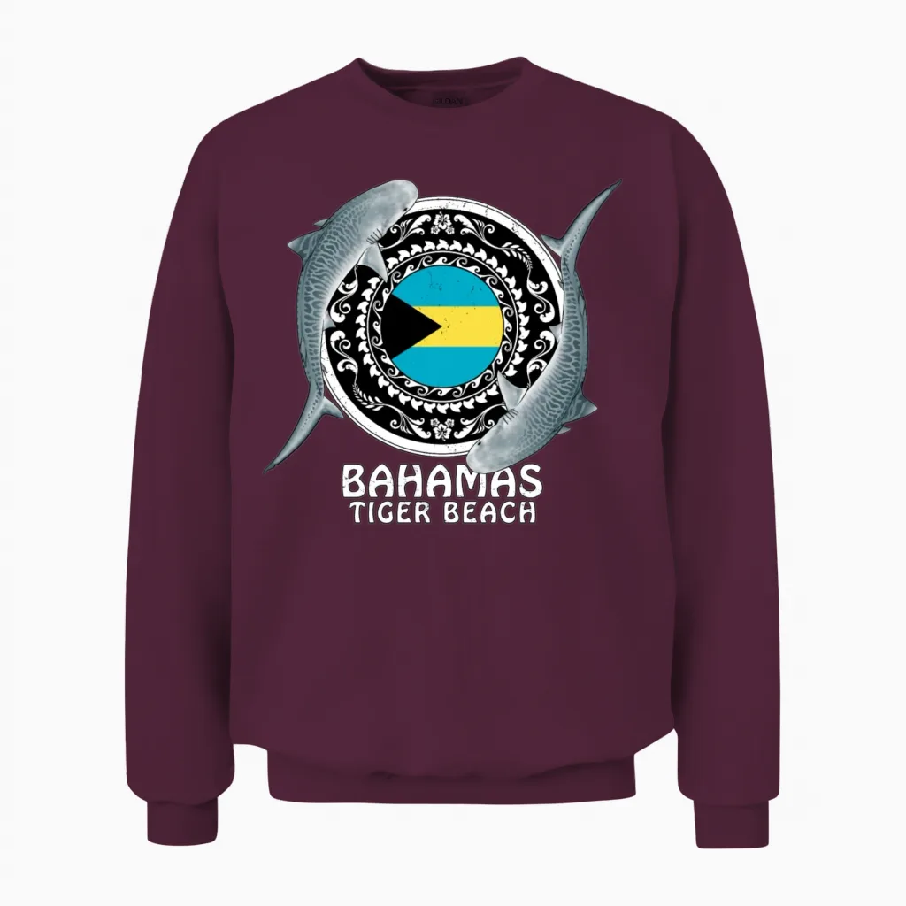 Tiger Beach Bahamas Flag Tiger Shark Bull Shark Unisex Sweatshirt in Maroon