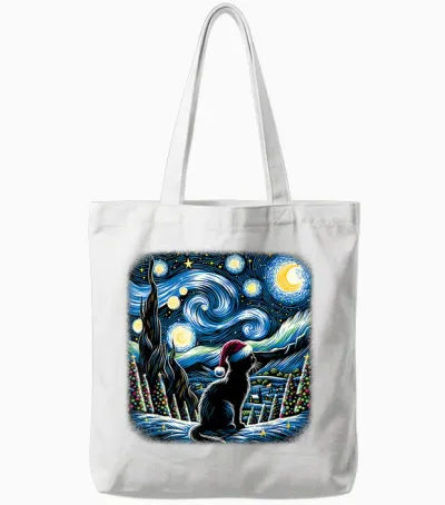 Van Gogh Starry Night Festive Christmas Black Cat Santa Tote Bags - White