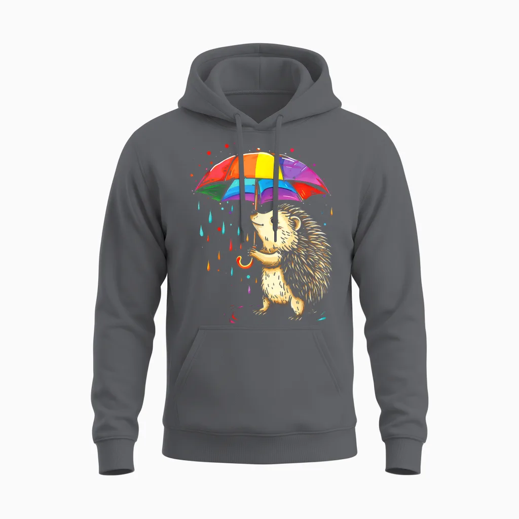 Cute Hedgehog Pattern Rainbow Umbrella T-Shirt, Black, S Unisex Hoodie in Charcoal