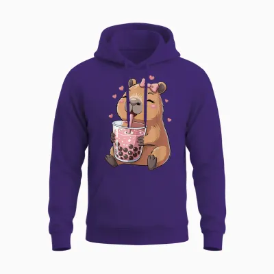 Cute Capybara Drinking Bubble Tea for Girls Capybara Unisex Hoodie - Purple