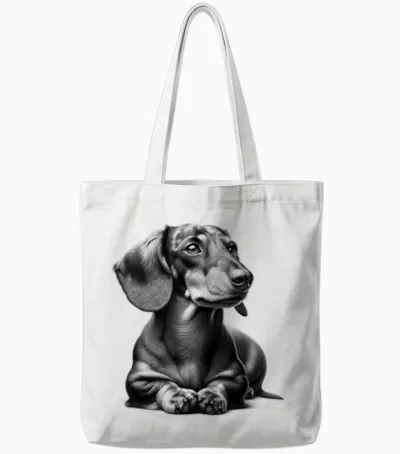 Super Cute Dachshund in Lying Pose as Cool Portrait T-Shirt, Gray Tote Bags - White
