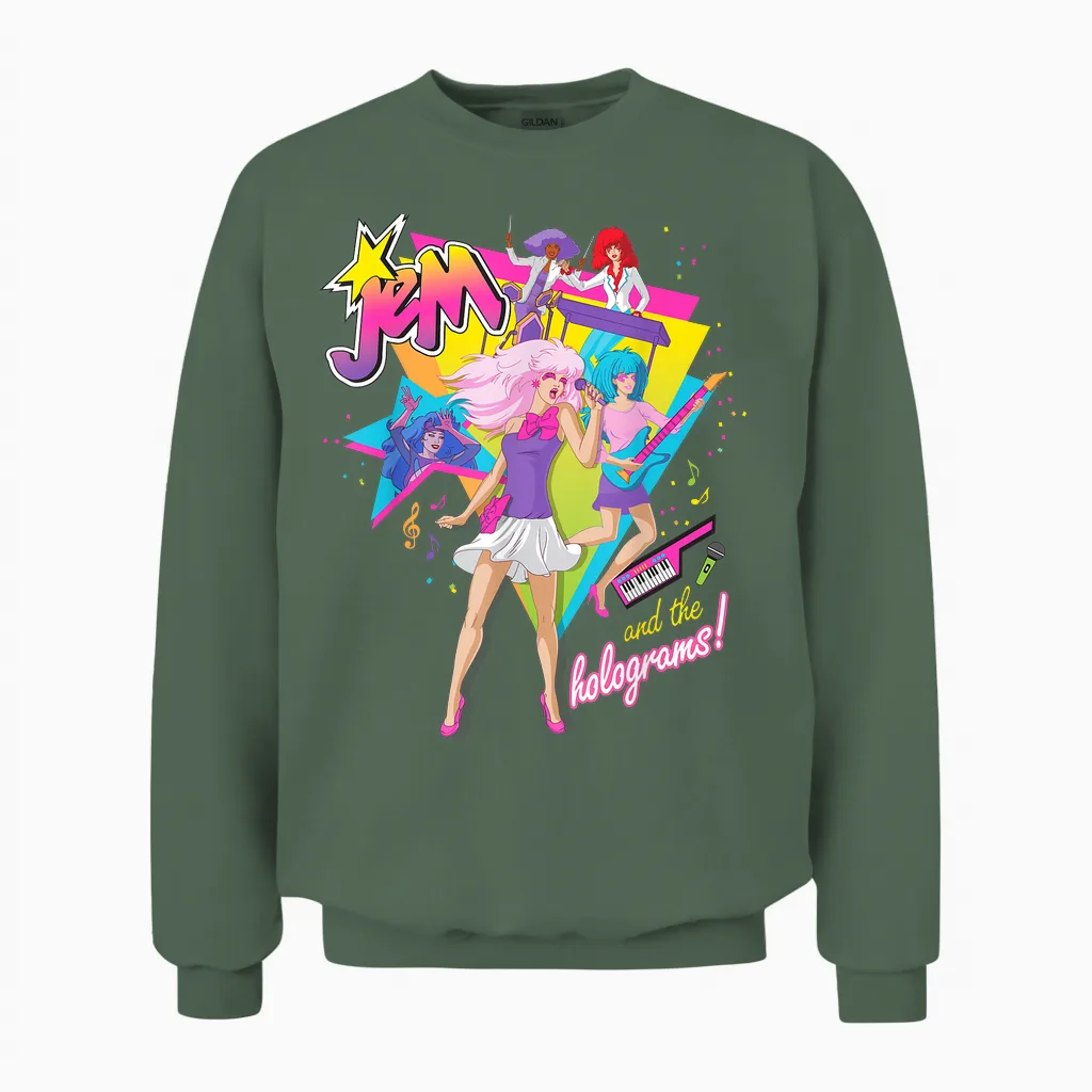 Jem and the Holograms Full Band Rocking Out 80's Rock Retro Unisex Sweatshirt in Military Green