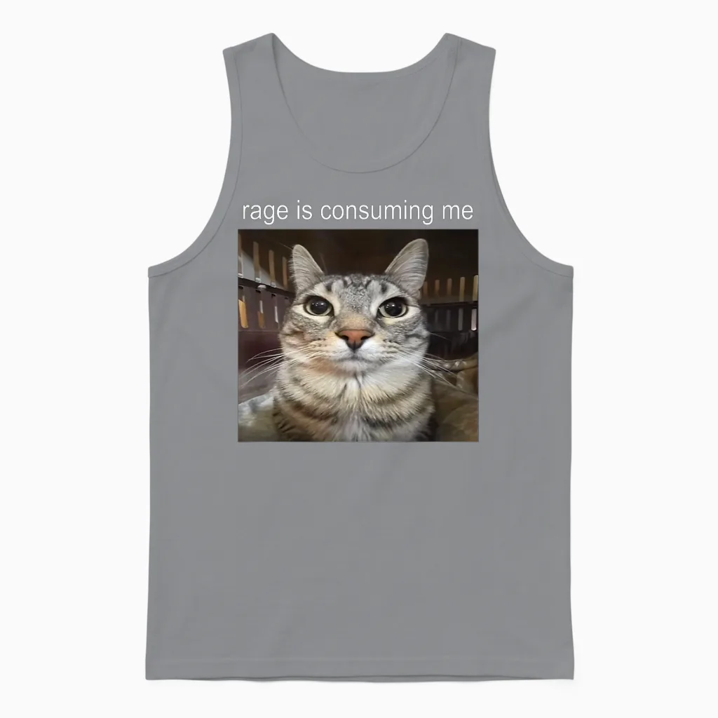 Wut Verzehrt Mich Dummes Starrendes Katzen-Meme T-Shirt, Black Unisex Tank Top in Sport Grey