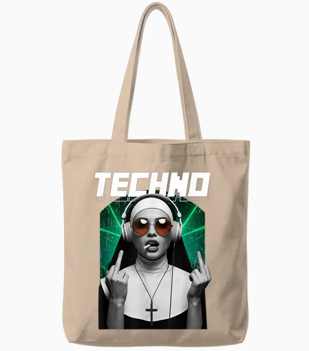 Techno Nun Techno Rave Party Hardstyle Tote Bags in Natural