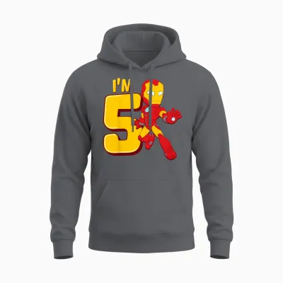 Children's Marvel Iron Man Cute Iron Man 5th Birthday I'm 5 T-Shirt, Black Unisex Hoodie - Charcoal