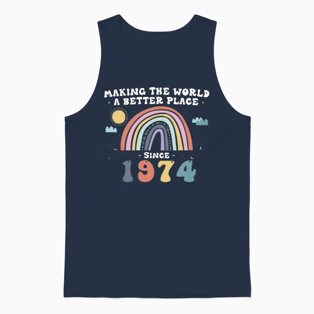 Making the World a Better Place Since 1974, 49th Unisex Tank Top in Navy